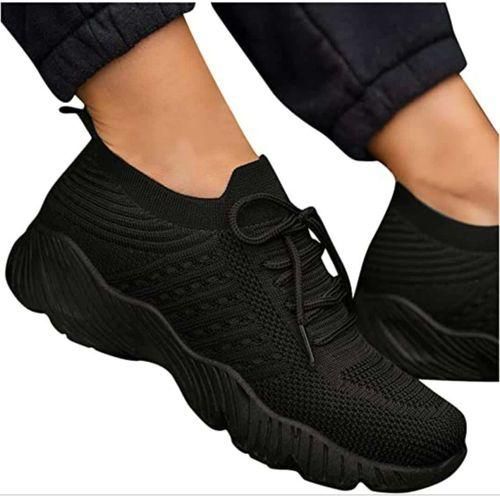 Trendy Female Easyon Lace-up Breathable Sneakers - Black