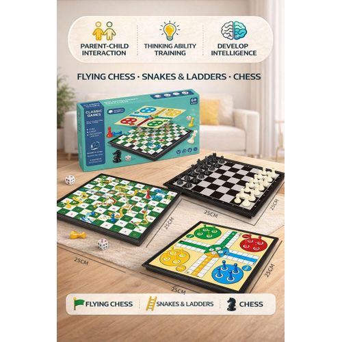 25*25 cm 3-in-1 Portable Folding Magnetic Chess Set, suitable for children and students - Travel game board including chess, snakes and ladders, Ludo, and game rules, with chess pieces and dice included.