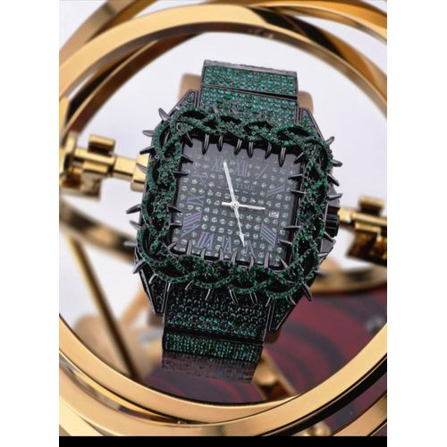 Black & Green Iced Out Thorn Crown Wtach For Men