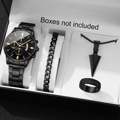 4-Pieces Men's Watch & Black Arrow Jewelry Set - Black