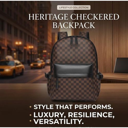Executive Luxury Checkered Leather Backpack – Unisex Brown Check Pattern Laptop Travel Bag, Waterproof School and Office Bag for Men and Women