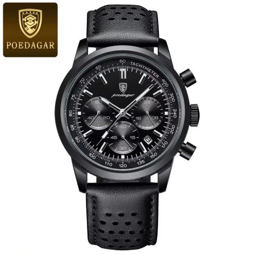 POEDAGAR Black Leather Black Dial Chronograph Watch