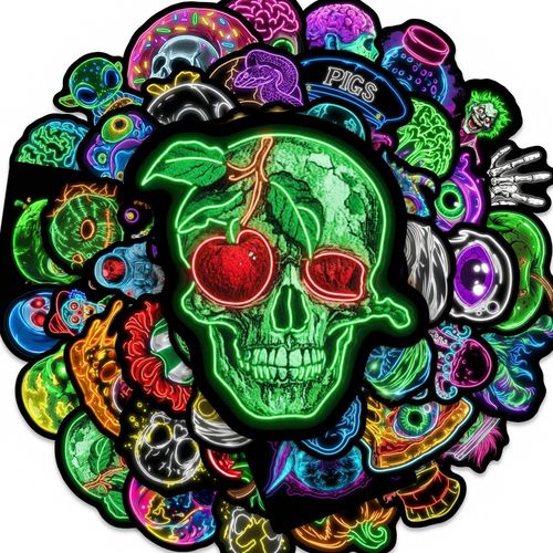 50Pcs Neon Horror Skull Vinyl Stickers, Waterproof Decals for Laptop Luggage, Gifts for Boys Girls