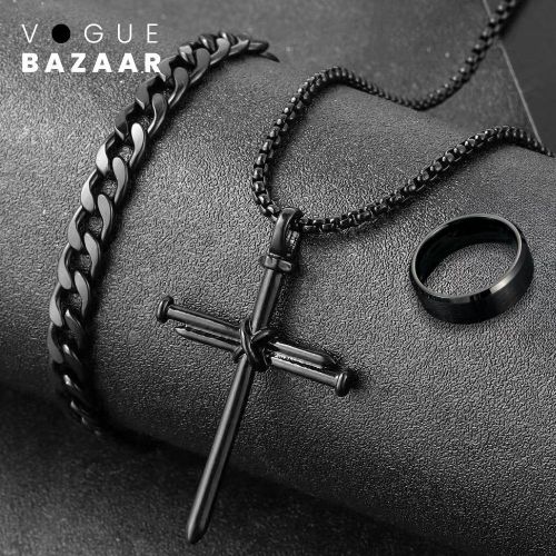 3 PCs Jewelry Set for Men, Cross Pendant Necklace+Cuban Link Bracelet+Band Ring, Stainless Steel Black