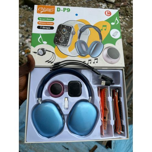 Okpu D-P9 6-in-1 Combo Set Smart Watch 7 Straps + Wireless Headphones + Mini Speaker + Charger, Blue headphones