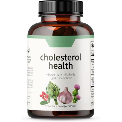 Natural Cholesterol Health Supplement – Berberine + Milk Thistle + Garlic + Artichoke - Heart Support, LDL Reduction, Liver Detox, Blood Sugar Balance Capsules (60 Count) For Men and Women White