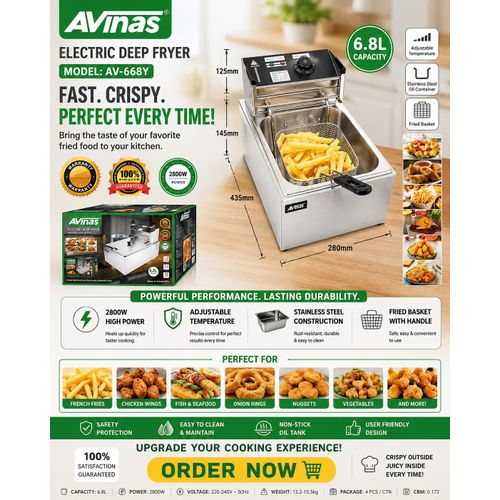 AVinas Electric Deep Fryer – 2800W Stainless Steel Professional Fryer with Adjustable Temperature & 6.8L Oil Capacity – Fast Heating & Easy Cleaning