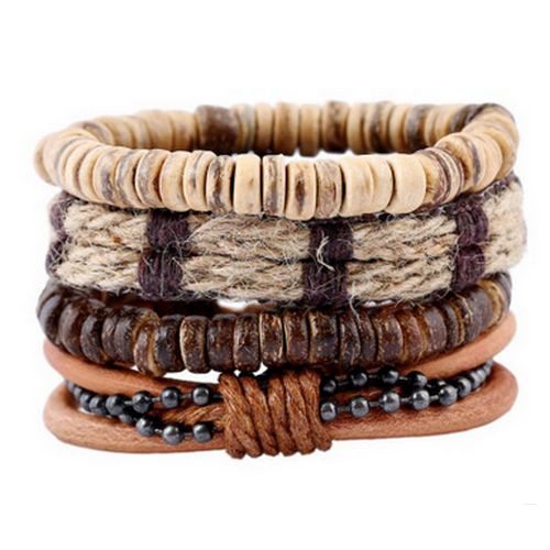 4Pcs Unisex Leather Bead Bracelet -Multicolor