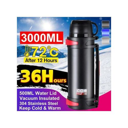3000ML Large Capacity 36H Keep Hot Cold Coffee Tea Soups Water Bottle Cups Mug With Carrying Strap Stainless Steel Thermos Flask Double Wall Stainless Steel Vacuum Flask Insulated Cup Portable For Travel Outdoor Kids Student Adult Black