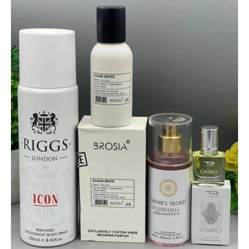 Fragrance Combo Gift Set Perfume of 4 in 1 of Riggs Icon Body Spray, Brosia Sugar White Mini EDP, Genie Secret Bombshell Paradise Body Mist and Oniro Oil Perfume ( all day long lasting fresh comfort)