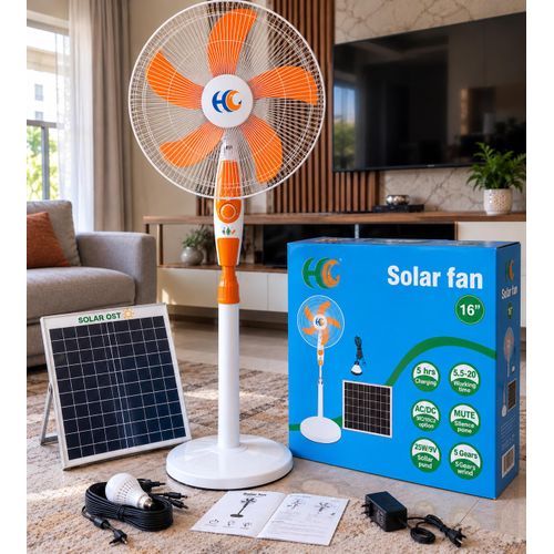 16 Solar Standing Fan – Rechargeable Battery, Solar Panel, AC/DC