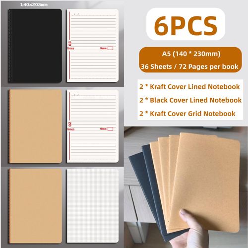 6pack A5 Lined Grid Notebooks 36 Sheets Stitch Binding School Exercise Books