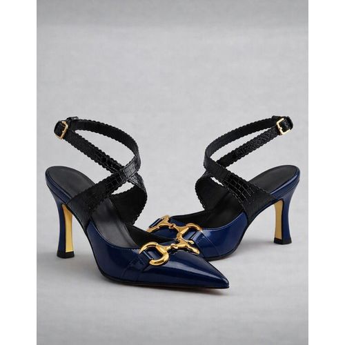 Luxe Blue Gold Horsebit Slingback Heels