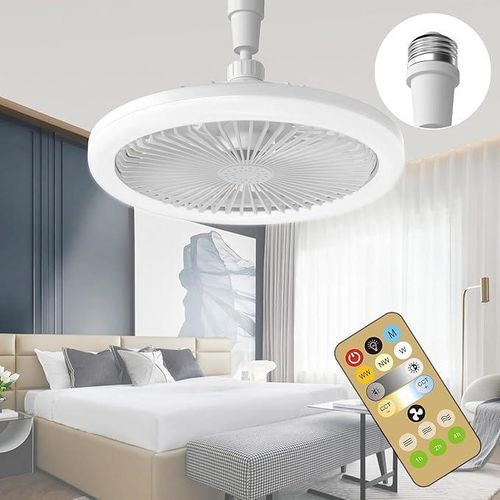 100W 3-color LED mini ceiling fan light with remote control, dimmable, E27 lamp holder, suitable for bedroom use (white).