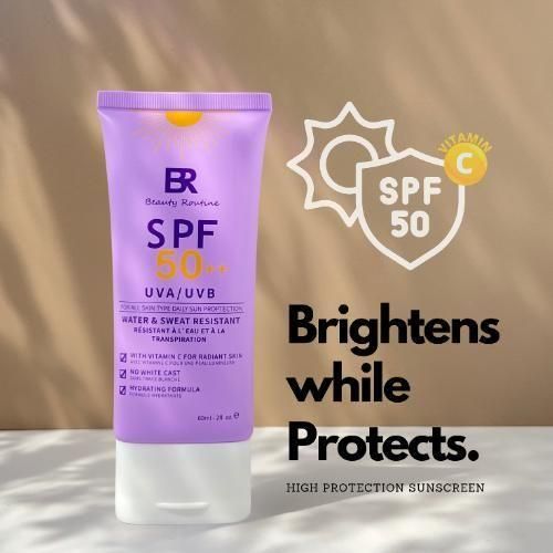 BEAUTY-ROUTINE SPF50 BRIGHTENING SUNSCREEN NO WHITE CAST WATER RESISTANT HYDRATING FORMULA 60ML.
