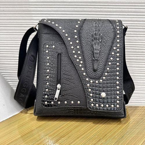 Crocodile Embossed Leather Sling Bag With Zipper Pocket Metal Studs Messenger Crossbody Shoulder Bag For Men Stylish Casual Small Side Bag