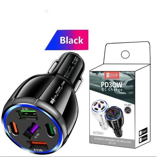 1-Pack Ultra-Fast Car Charger, CigaretteLighterUSB Charger, 5-In-1 Car Adapter, Power Adapter - Black