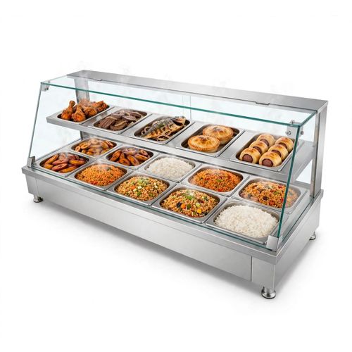 Modern Luxury Commercial Electric Food Warmer Display - 2 Tier Glass Showcase - 10 Pans Bain Marie - Food Warming Buffet Display for Restaurant, Canteen, Bakery, Hotel, Shawarma Spot - Stainless Steel - Keeps Food Hot & Fresh