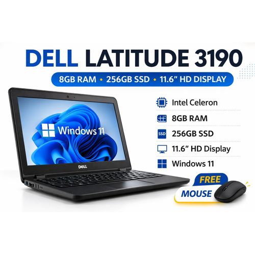 Latitude 3190 Business Laptop – Intel Celeron – 8GB RAM – 256GB SSD – 11.6" HD Display – Windows 11 - free mouse