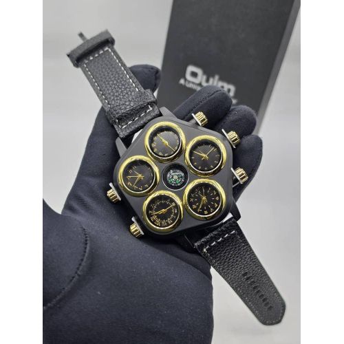 Highly Sophisticated & Original Quality Multi-Time Zones Men's Black Leather Wristwatch For Honourable Citizens