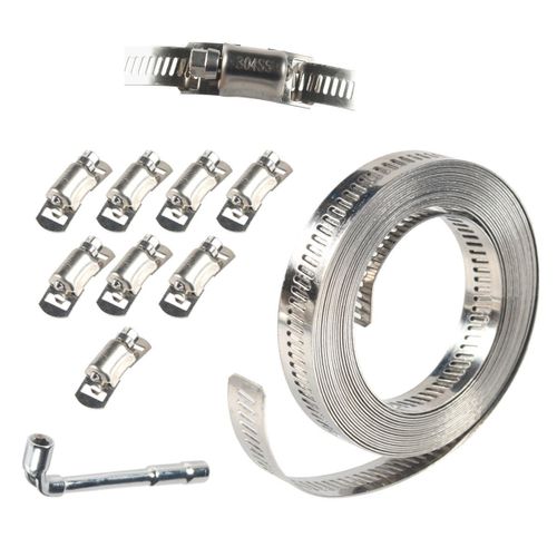 Hose Clamps Stainless Steel 304 Kit, DIY, Cut-To-Fit 3.5m Metal Strap + 8 Fasteners, Adjustable Worm Gear Hose Clamps