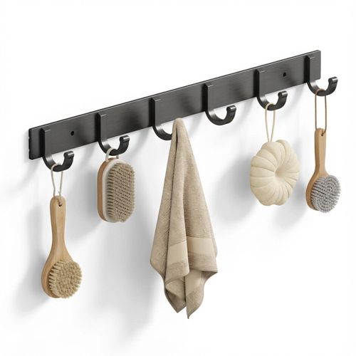 6 Hooks Modern Aluminum Wall Mounted Coat Rack, No‑Drill Black Organizer for Bathroom, Kitchen, and Entryway