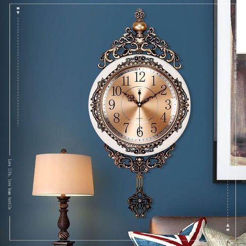 Wall Clock European Style Metal Swing Mute Living Room Bedroom Wall Clock, Pendulum Decorative Home Decor Modren Wall Clock, Wall Hanging Clock Decorative Wall Clock, Alloy Material Retro Royal Style with Swinging Pendulum, Clock for Home & Office