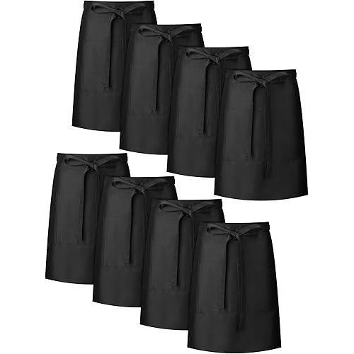 Cuffbow 8 Pack Half Bistro Aprons Black Unisex Half Server Apron with 2 Pockets Extra Long Waist Front Ties Waterproof Accessories for Men Women Server Waiter Waitress Chef