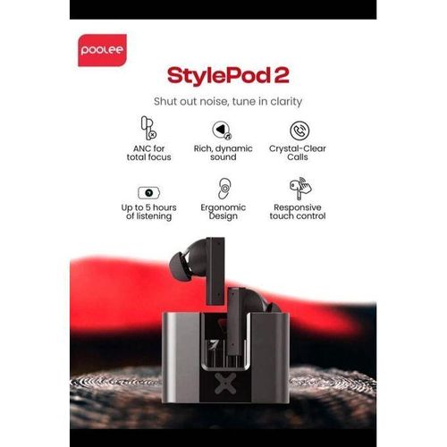 POOLEE Style Pod 2 – ANC Wireless Earbuds with ENC Clear Calls, Premium Metal Case & 5-Hour Playtime – Grey/Black