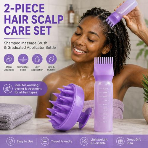 2-Piece Hair Scalp Care Set with Shampoo Massage Brush & Graduated Applicator Bottle, Purple Hair Washing and Dyeing Tool Kit