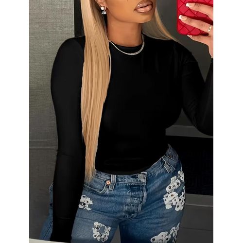 Womens Long Sleeve Basic Top Scoop Neck Sexy Slim Fitted Stretchy Casual Wear