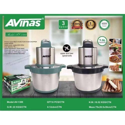 AV-1388 Multi-Function Food Chopper with 7.5L Stainless Steel Bowl, 4000W Copper Motor, and 3-Speed Control 1pc