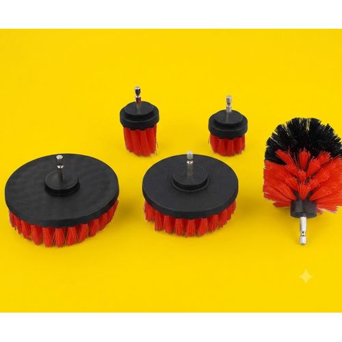 5-Piece Drill Brush Attachment Set (Power Scrubber Cleaning Brushes for Car Detailing, Grout, Carpet & Tiles (Red)