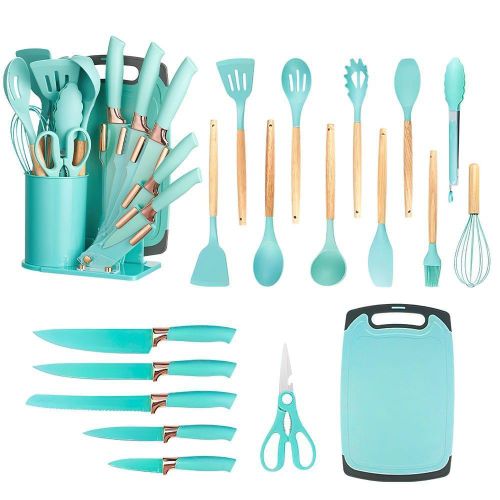 19-Piece Premium Silicone Kitchen Utensil and Stainless Steel Knife Set Green