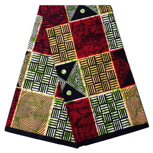 Geometric Patchwork African Wax Print Fabric 6 Yards Polyester, Red & Green Tribal Pattern