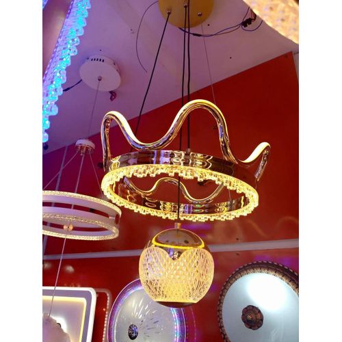Royal Crown LED Crystal Chandelier – Luxury Gold Ring Pendant Light with Crystal Fringe Tassel Bell for Bedroom & Dining Room