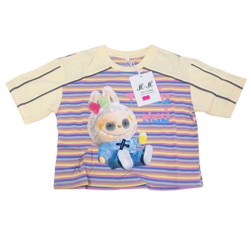 Girls Multi-Color Pastel Striped Crop Top – Cute Bunny Doll Graphic