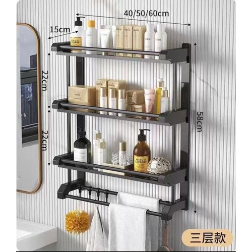Bathroom Towel Rack Shelf Shower Caddy with 6 Hooks Wall Mounted Storage Shelves