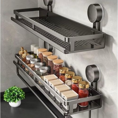 1pc Strong Suction Cup Shelf with Towel Bar & Hooks - No Drill Spice Rack & Kitchen Organizer. Perfect for Storing Spice Bottles, Dish Soap, Sponges & Cleaning Tools. Waterproof, Rustproof Metal, Holds Tight on Smooth Surfaces