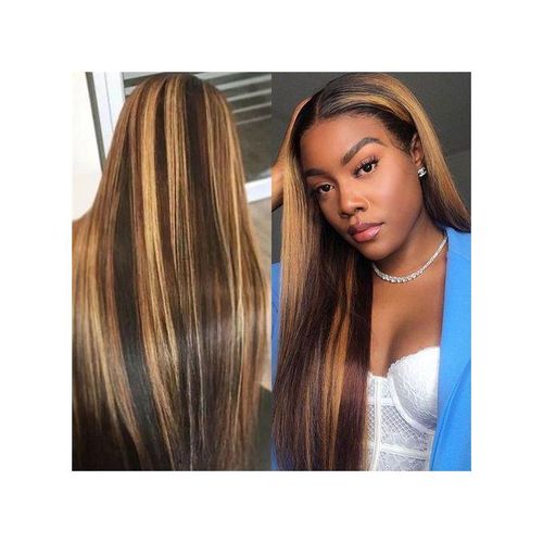 Piano Long Brown Straight Hair Wig With Light Gold Highlight For Women Girl Hair Wigs