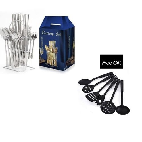 24 Pcs Silver Stainless Steel Cutlery Set - And Free Gift