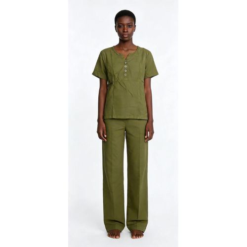 Henry Collar Button-Down Green Short-Sleeve Shirt 2959792 XL
