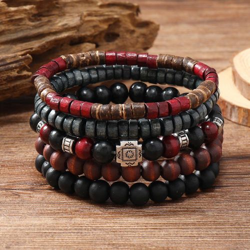 5-in-1 Men's Bracelet Wooden Bead Stackable Elastic Design Chinese Style - Black/Red