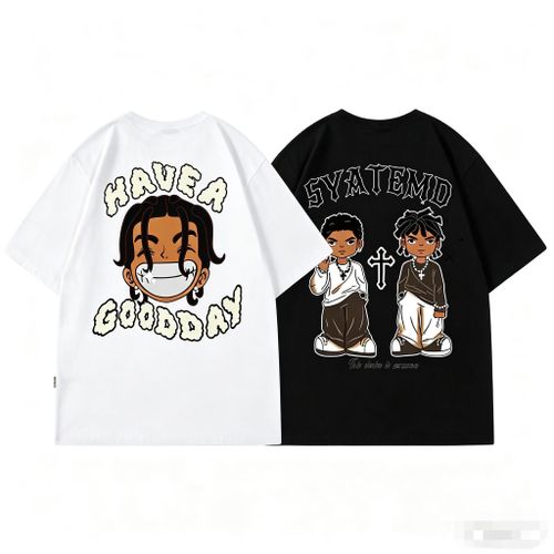 New Best-Selling Men's Fashion T-Shirt 2-Piece Set: Hip-Hop-Style Printed Loose-Fit Short-Sleeve T-ShirtBlack & White