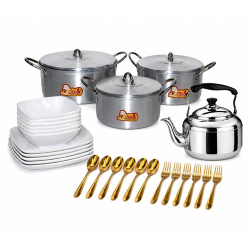 Stainless steel pot 20/23/25 cm+3 liters whistling kettle + 12 pieces flat and bowl unbreakable plate +12piece gold spoon and fork