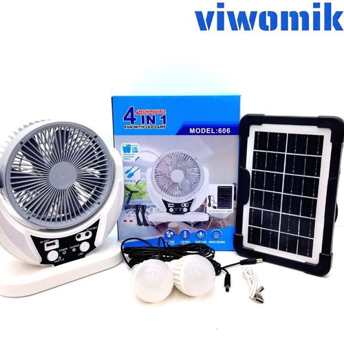 4 in 1 Solar Rechargeable Table Fan Kit, Portable Solar Fan with 2 LED Light Bulbs & Solar Panel, Type-C Charging Cooling Fan for Home Camping Emergency