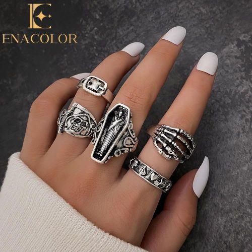 Enacolor 5Pcs/Set Retro Silver Exaggerated Skull/ Palm/ Belt/Leaves Ring Set, Men Women Men Unisex Personality Joint Rings Set Accessories