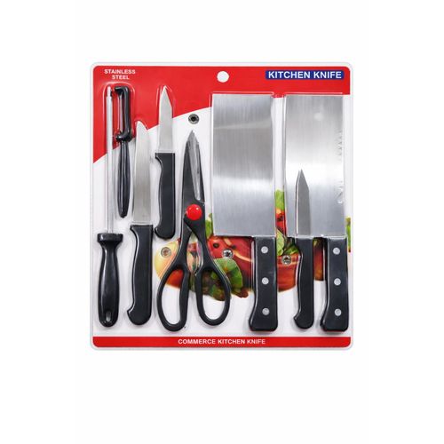 8 Piece Heavy Duty Knife Set Chef Bread Vegetable Meat Bone Slicing Mince Chopping Cutting Utility All in One Sharpener Kitchen Essentials Scissors Rust-resistant Stainless Steel Home Camping Gift