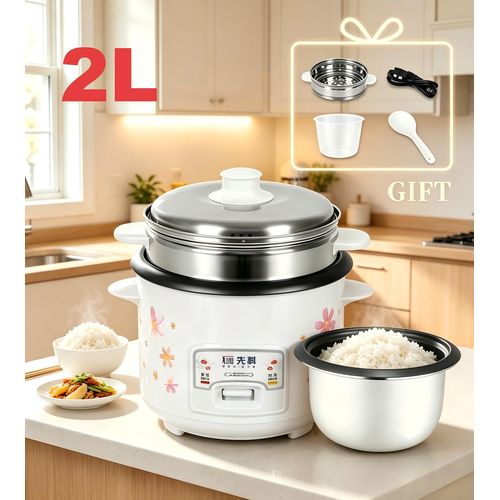2L Electric Rice Cooker With Steamer Basket, Non-Stick Inner Pot, One-Touch Cooking & Keep Warm Function for Home Kitchen