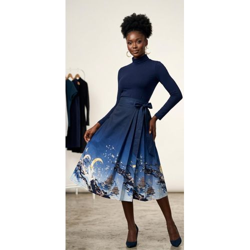 Elegant Printed Pleated Midi Skirt for Women – High Waist A-Line Skirt with Artistic Design Blue